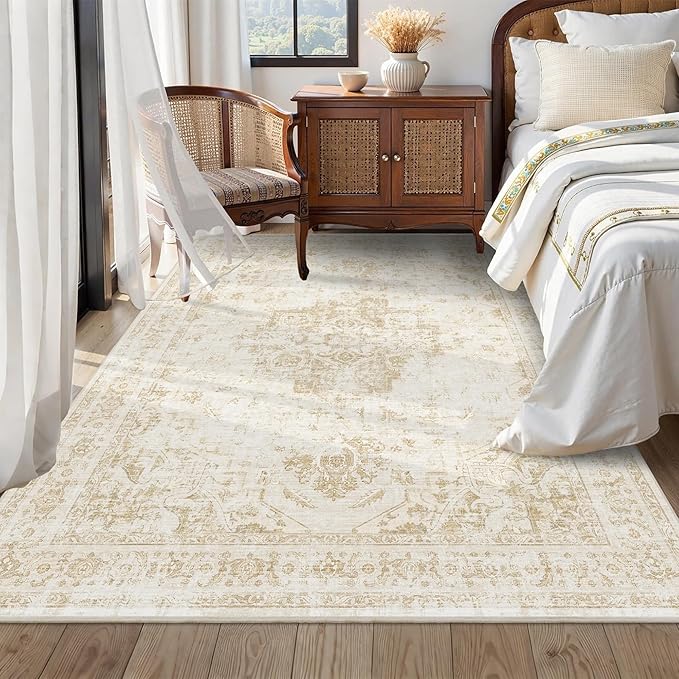 6x9 Vintage Washable Area Rugs Boho Medallion Large Distressed Retro Accent Carpet Floral Non-Slip Soft Low Pile Indoor Throw Rug for Living Room Bedroom Dining Room Office Kitchen, Beige