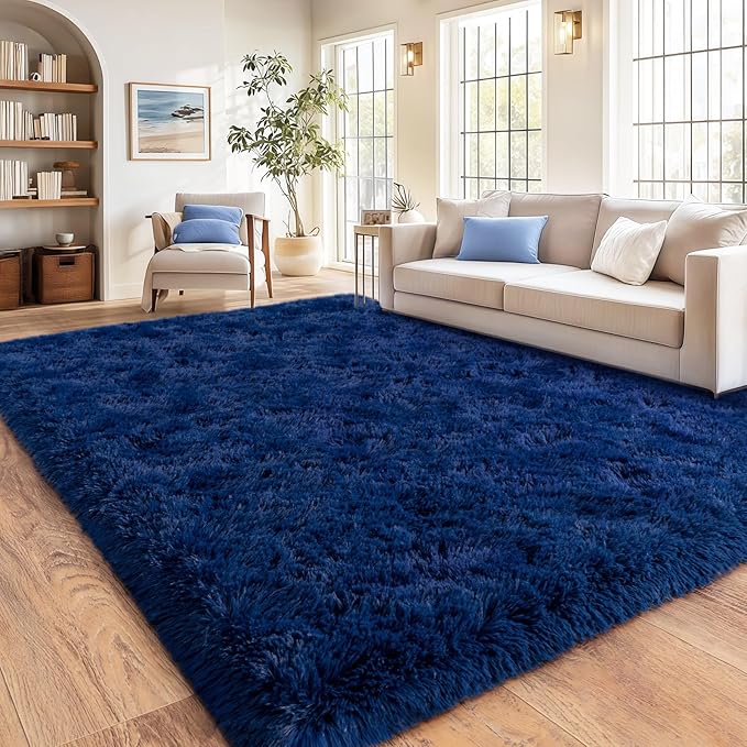 Shag Area Rugs for Living Room, Soft Fuzzy Plush Rugs, Upgrade Anti-Skid Modern Furry Rugs Fluffy Carpets for Kids Room Nursery Home Decor Dark Blue, 8X10 Feet