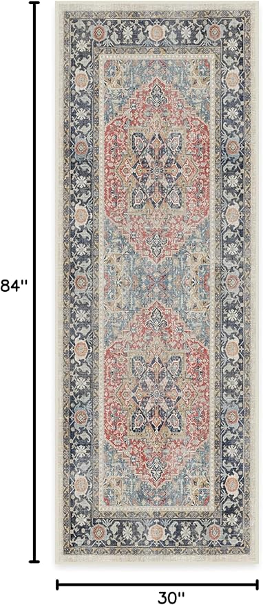 RUGGABLE Washable Vintage Runner Rug – Kamran Cayenne Red 2.5x7, Stain-Resistant, Non-Slip Hallway Runner – Machine Washable Rug for Hallway, Entryway, Living Room & Kitchen–with Standard Pad