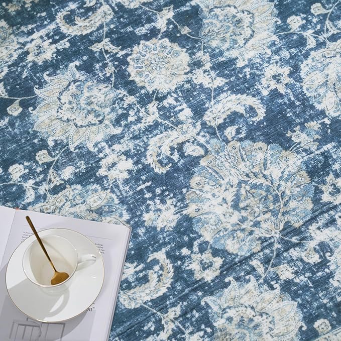jinchan Fiora Round Rug 5ft Area Rug - Indoor Vintage Hallway Circle 5' Washable - Ultra-Thin Low Pile Soft Small Non Slip Distressed Floral Print for Living Room Bedroom Entryway Dark Blue