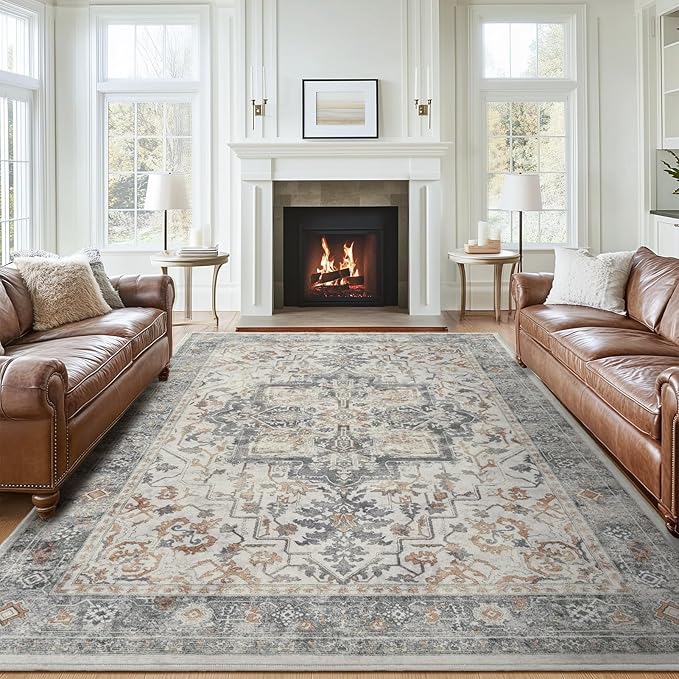 Farmhouse Distressed 8x10 Rugs for Living Room Bedroom, Washable Non Slip Vintage Dining Room Rugs for Under Table, Low Pile Thin Soft Carpet Medallion Pattern Printed Boho, Grey/Orange-Brown