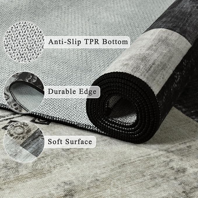Tepook Modern Area Rug for Living Room, 4x6 Geometric Large Rugs for Bedroom, Washable Patchwork Rug Indoor Non-Slip Throw Carpets for Dining Room Office Farmhouse Home Decor, Black and White
