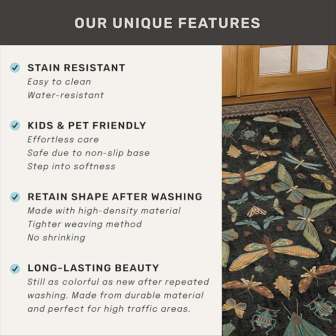 Small Black Entryway Rug - 2x3 Front Door Rug Indoor Entrance, Small Carpet for Kitchen Floor, Bathroom, Powder Room, Washable Low Pile Non Slip, Insect Print Home Décor