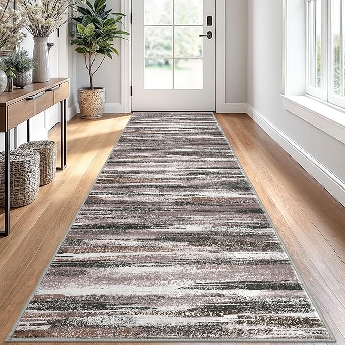 Modern Abstract Runner Rug 2.6x10, Dark Light Brown White Washable Long Kitchen Runner Non-Slip Soft Hallway Rug Runner Thin Print Faux Wool Carpet for Entryway Bedroom Laundry Room Indoor