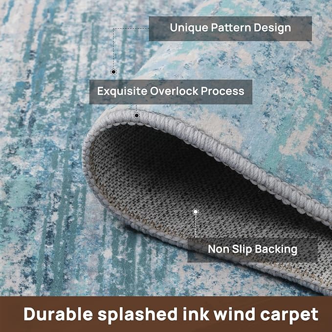 Abstract 9x12 Area Rug Washable Soft Large Non-Slip Carpet for Living Room Dining Room Home Office Bedroom - Abstract Teal/Grey