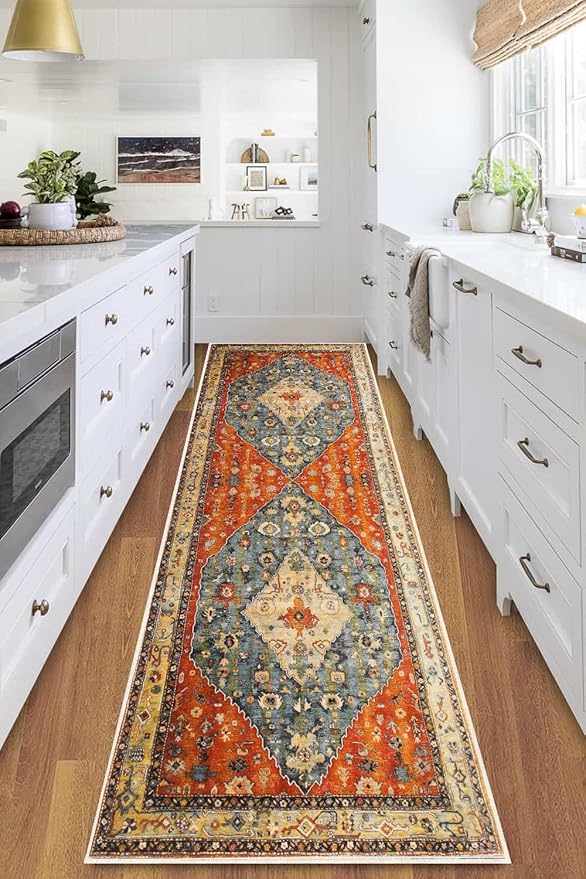 COMSLE Boho Runner Rug, 2' x 8' Washable Rugs for Hallway Faux Wool Small Kitchen Area Rug Distressed Throw Rug Non-Slip Laundry Room Rug Carpet Runner for Entryway Indoor Bedroom