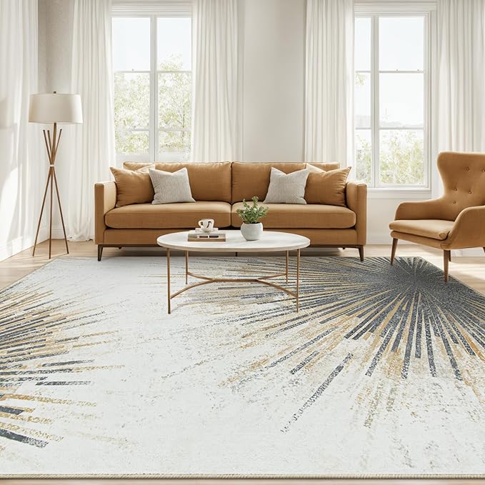 Lahome Modern 9 x 12 Area Rugs for Living Room, Ultra-Thin Washable Large Rug Non Slip Throw Carpet for Dining Room, Abstract Print Indoor Soft Carpet for Bedroom Office (Gold/Gray, 9'x12')