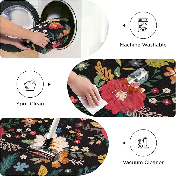 Living Room Rug 6x9 Rug Machine Washable Boho Area Rug Non Slip Floral Vintage Low Pile Large Rugs for Living Room, Bedroom, Farmhouse, Dining Room (Black)