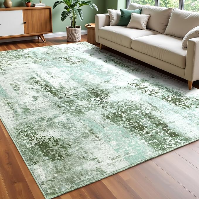 Washable Abstract Rug, 8x10 Modern Area Rugs with Non-Slip Rubber Backed for Living Room, Thin but Soft Contemporary Carpet Kitchen Bedroom Dining Room Decor, Green