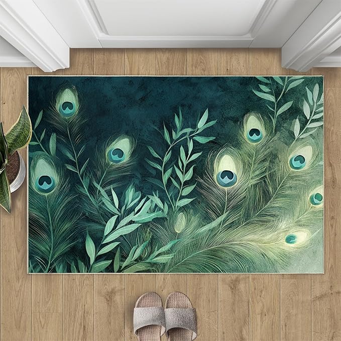Peacock Feather Rugs for Living Room - 2x3 Rug, Peacock Decor Area Rugs for Bedroom, Teal Turquoise Rug, Plant Washable Carpet, Malachite Green Feather Carpet - Peafowl Home Decor & Gifts