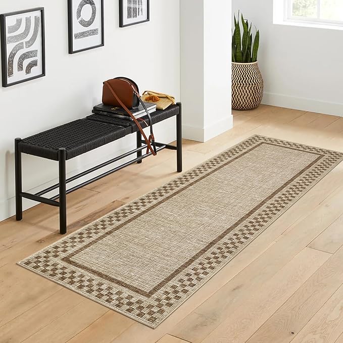 GarveeHome Kitchen Runner Rug Washable Runner Rug 2x6 for Hallway Non Slip Soft Throw Runner Carpet Modern Bordered Bathroom Mat Low Pile Checkered Runner Rugs for Bedroom Living Room Entry, Taupe