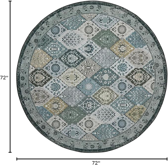 Phantoscope Washable Round Area Rug 6ft Non-Slip, Vintage Boho Rugs for Living Room, Bedroom, Dining Room, Distressed Moroccan Mosaic Diamond Pattern, Low-Pile Foldable Floor Carpet, Grey Charcoal