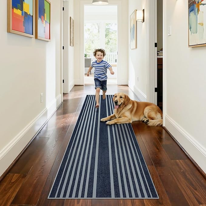 Beeiva Striped 2X6 Runner Rug for Bathroom, Washable Runners for Hallways Entryway, Blue Runner Rugs with Non Slip Rubber Backing, Soft Low Pile Floor Carpet for Indoor Kitchen Porch Bedroom