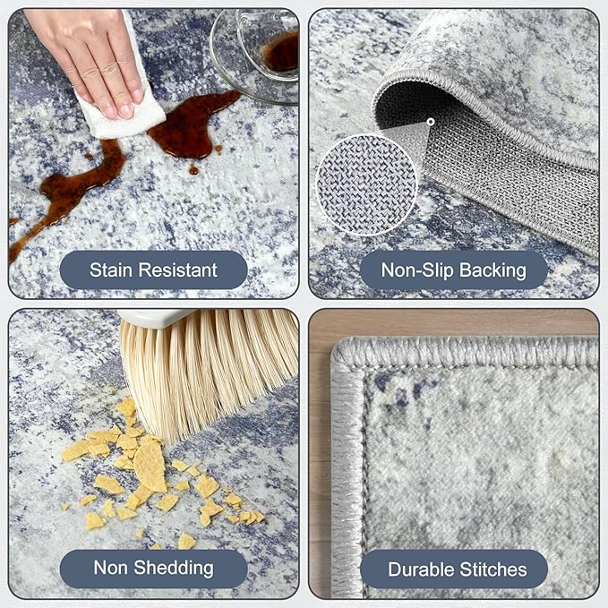 Washable Area Rug 5x7 - Neutral Modern Abstract Rugs, Soft Non Slip Thin Carpet with for Bedroom, Under Dining Room Table, Home, Office, Dorm, Office Rolling Chair - Indigo Gray