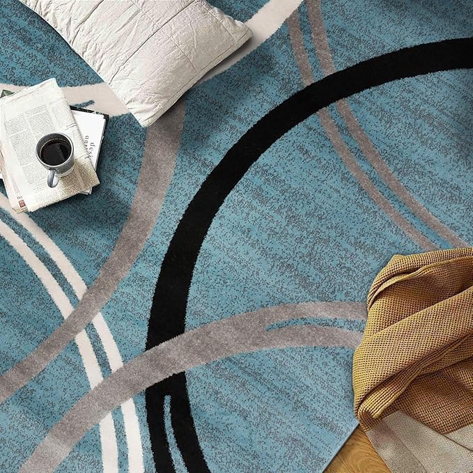 Rugshop Modern Wavy Circles Design Round Rug, Carpet with Jute Backing for Living Room, Bedroom, or Playroom, Blue, 6'6" Round