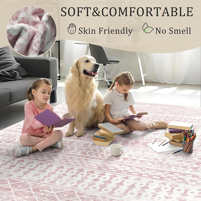 4x6 Machine Washable Area Rug for Living Room, Pink Vintage Moroccan Rug Large Non-Slip Low Pile Soft Faux Wool Carpet, Kids and Pets Friendly for Bedroom Dining Room Farmhouse Home Decor Rug