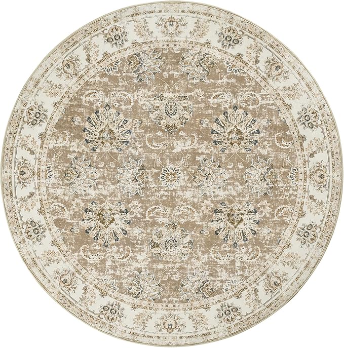 jinchan Fiora Round Rug 4ft Area Rug - Indoor Vintage Hallway Circle 4' Washable - Ultra-Thin Low Pile Soft Small Non Slip Distressed Floral Print for Living Room Dining Room Bedroom Entryway Taupe