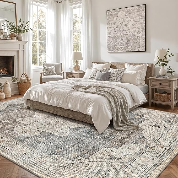 LUMI Washable 5x8 Area Rug for Living Room, Ultra Soft Vintage Rug with TPE Non Slip Backing, Stain Resistant, Low Profile Carpet High Traffic for Bedroom, Dining Room