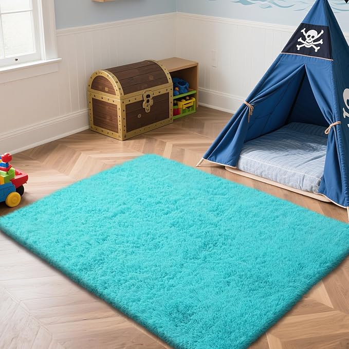 Teal Blue Rug Fluffy Rugs, 4x6 Teal Area Rugs for Bedroom, Soft Cute Baby Play Mat, Indoor Floor Carpet for Teen, Nursery, Preppy Dorm, Plush Aesthetic Bedside Rug
