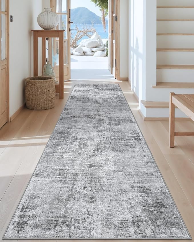 DEXI Hallway Runner Rug 3x10, Modern Abstract Non Slip Thin Soft Runners Carpet, Stain Resistant Washable Indoor Rug for Hallway Entryway Kitchen Laundry Room Living Room, Light Grey