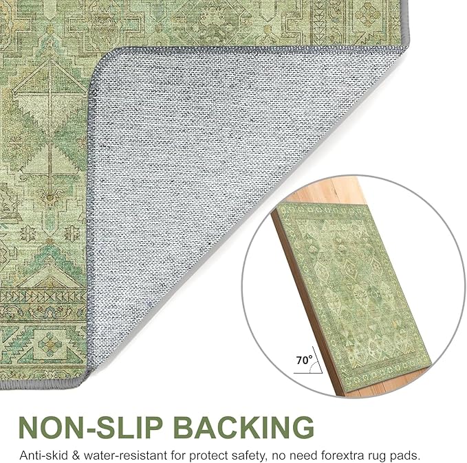 Bavni Washable Rug 9x12 Area Rug for Living Room Bedroom Dining, Washable Vintage Print Carpet, Ultra-Thin Chenille Low Pile Lightweight Rug with Non Slip Backing, Light Green