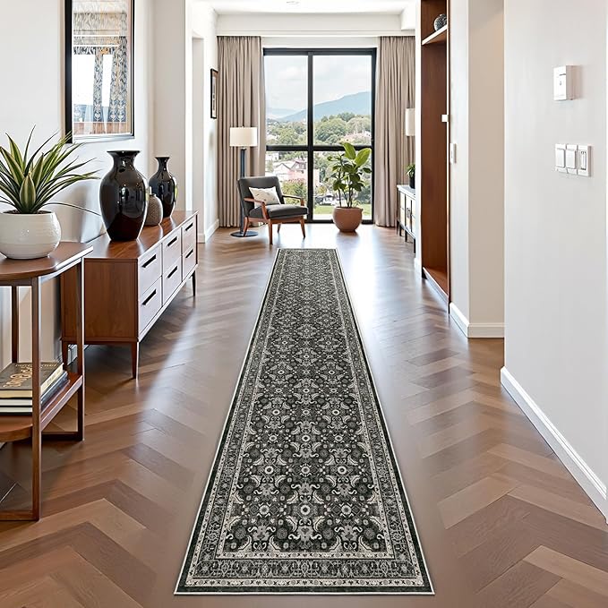 WITSHOCK Black Boho Washable 2x10 Kitchen Runner Rug,Vintage Neutral Hallway Rugs for Entryway,Soft Distressed Floor Mat for Bedroom,Entrance,Indoor Back Door(Black,2x10)
