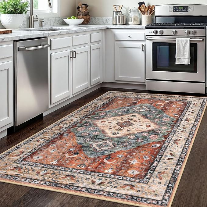 KOZYFLY Boho Area Rug 4x6 Ft Rugs for Entryway Washable Entry Rug Non Slip Rug for Living Room Rust/Orange/Blue Printed Faux Wool Vintage Bedroom Throw Rugs for Entrance Kitchen Living Room