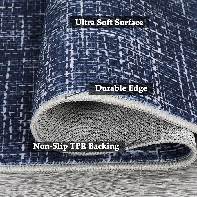 RUGSREAL Living Room Area Rug 9x12 Machine Washable Rug Non-Slip Stain Resistant Modern Abstract Large Rug Contemporary Accent Throw Floor Carpet for Dining Room Solid Area Rug for Home Office, Blue
