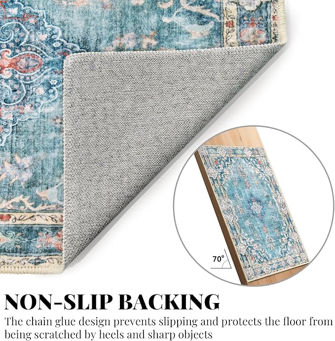 MUJOO Teal Area Rug Small Rugs Boho Machine Washable Rugs Non Slip for Entryway Kitchen Bathroom Bedroom Vintage Soft Low-Pile 2'x3' Blue Flowers Colorful