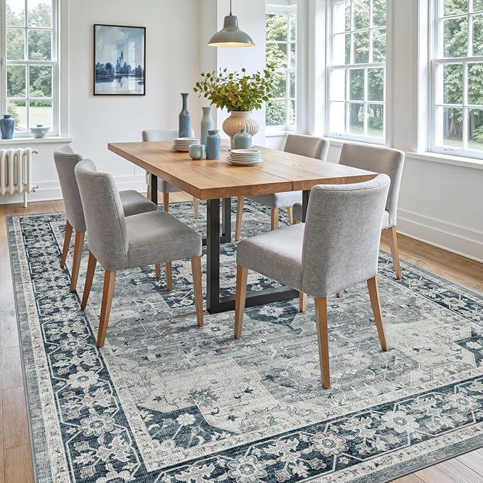 DEXI 10x14 Area Rug for Living Room, Washable Vintage Farmhouse Thin Rug Indoor Floor, Non Slip Stain Resistant Low Pile Carpet for Dining Room Bedroom Office, Blue Grey