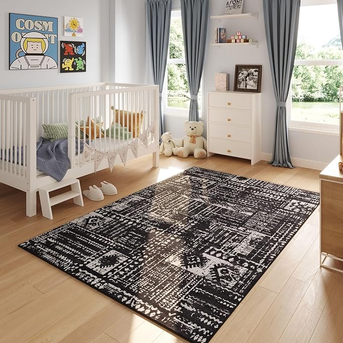 Rugcomf Area Rugs 8x10 Rug for Living Room Clearance Washable Boho Area Rug Non Slip Moroccan Vintage Low Pile Large Rug for Living Room, Bedroom, Farmhouse, Dining Room, Kids Playroom(Black)