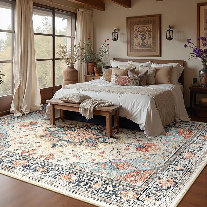 Area Rugs 10'x14' Washable Non-Slip, Floral Vintage Distress Print Pattern Medallion Carpet for Living Room Bedroom Dining Room, Beige Navy Blue Orange Colorful