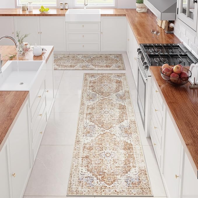 jinchan Kelda Runner Rug 2x8-2pcs Hallway Rug Kitchen Washable Runner Vintage Mat Retro Lightweight Non-Slip Floor Cover Distressed Thin Carpet for Entryway Bathroom Bedroom Laundry Room Brick Red