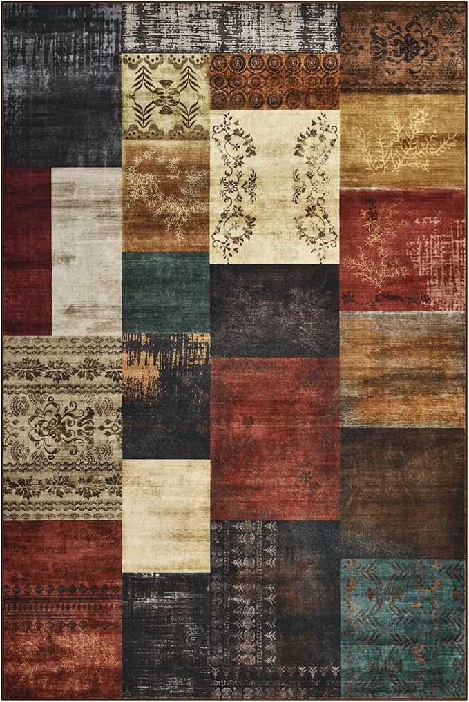 Tepook Modern Area Rug for Living Room, 5x7 Geometric Large Rugs for Bedroom, Washable Patchwork Rug Indoor Non-Slip Throw Carpets for Dining Room Office Farmhouse Home Decor, Multi