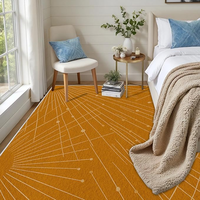 Modern Washable Area Rug 5x6, Boho Minimalist Non-Slip Rugs, Abstract Striped Soft Carpet for Living Room Bedroom Nursery Room Home Decor Office, Pet Friendly, Orange Beige