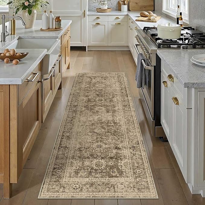 2x5 Washable Runner Rug for Kitchen Hallway Brown Vintage Non-Slip Low Pile Distressed Rustic Carpet Lightweight Vacuumable Soft Throw Rug for Indoor Entryway Bedroom