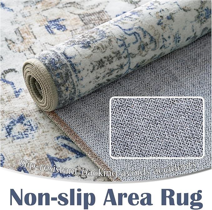 jinchan Kalen Area Rug 4x6 Washable Bedroom Rug Soft Vintage Indoor Thin Retro Distressed Floor Cover Blue Floral Country Boho Non Slip Living Room Bathroom Kitchen