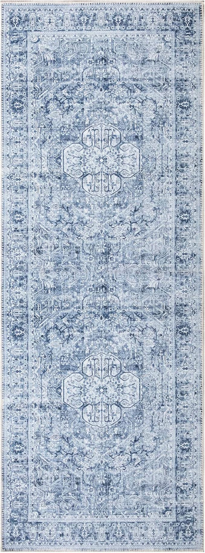 Bloom Rugs Washable Non-Slip 12 ft Runner - Ivory/Denim Blue Traditional Medallion Runner for Entryway, Hallway, Bathroom, and Kitchen - Exact Size: 2.5' x 12'