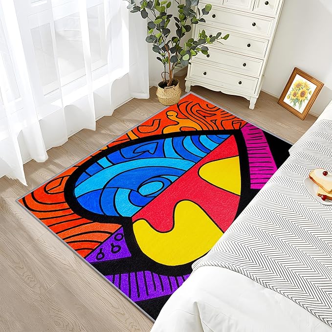 Abstract Rug - 2x3 Area Rugs, Colorful Pop Art Entryway Rug, Hippie Aesthetic Funky Low Pile Fade Resistant Indoor Small Mats Home Decor #C118