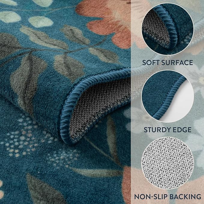 Lahome Floral Washable Runner Rug, 2'6''x8' Soft Hallway Runner Rug Non Slip, Boho Ultra-Thin Kitchen Runners for Hallways with Rubber Backing Carpet for Laundry Bedroom Bathroom(Navy Blue)