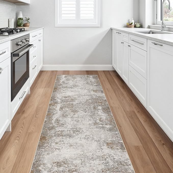 2.6'x8' Hallway Runner Washable Rug - Modern Abstract Rug Runners for Hallways Non-Slip Low Pile Thin Soft Machine Washable Carpet for Bedroom, Laundry, Kitchen, Indoor Entryway (2.6'x8' Brown Grey)