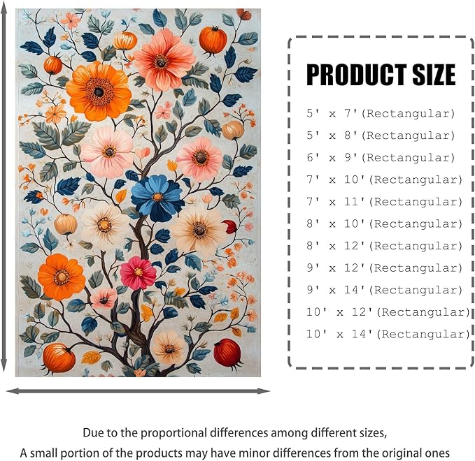 8x12 Colorful Flower Area Rugs, Floral Vintage Large Rugs, Floral Rugs, Botanical Rug, Washable Boho Botanical Non Slip Carpet for Living Room, Bedroom, Kids Room