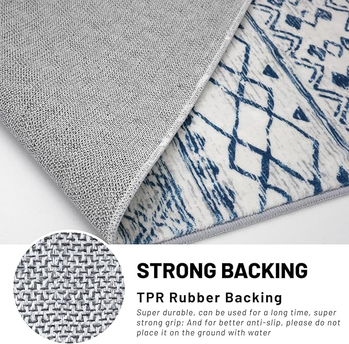 KUTA Moroccan Washable Hallway Runner Rug, 2x8 Non-Slip Vintage Blue White Boho Kitchen Rugs Ultra Soft Print Distressed Geometric Floor Carpet Runners for Bedroom Laundry Living Room