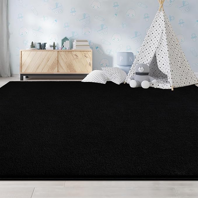 Large Area Rugs for Living Room Bedroom, 6x9 Feet Black Rug, Minimalist Modern Shag Rug, Soft Thick Comfy Memory Foam Indoor Carpet, Non-Slip Washable Rug for Boys Girls Dorm Nursery Room Home Decor