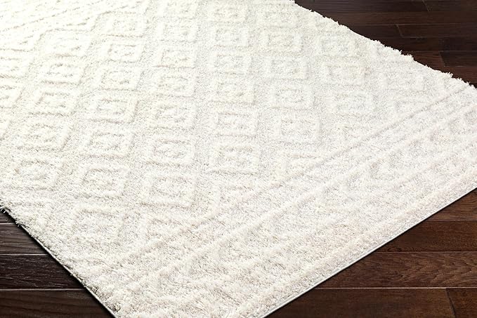 Hauteloom Tilos Moroccan Farmhouse Living Room Bedroom Nursery Shag Area Rug - Shaggy Carpet - Trellis Pattern - High Plush Pile - Cream, Pink, Beige - 7'10" x 10'