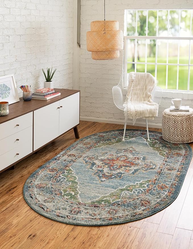 Unique Loom Isabella Collection Area Rug - Rossellini (5' 1" x 8' Oval, Blue/ Beige)