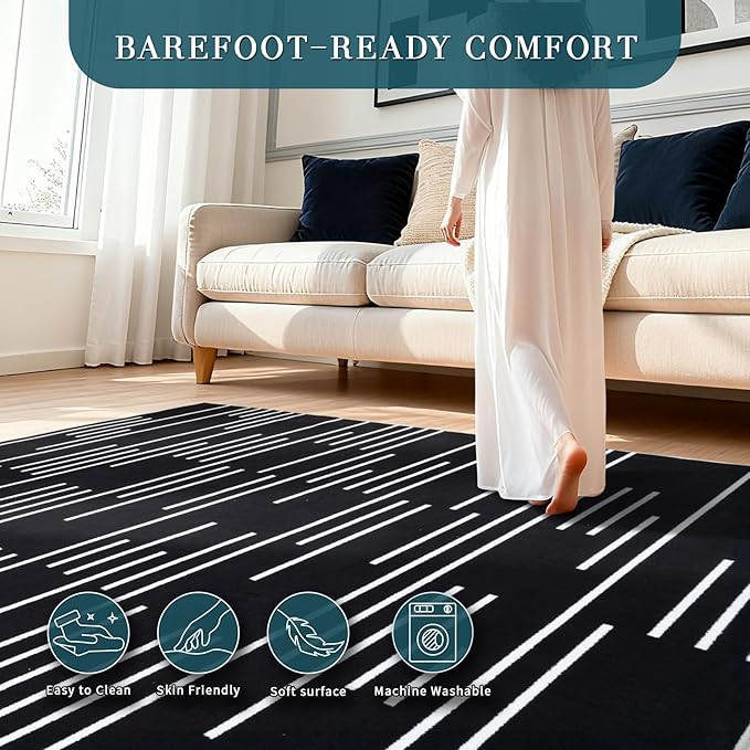 YIHOUSE Abstract Washable Rug 6x9,Ultra Thin Non Slip Black Rugs for Living Room,Modern Minimalist White Stripe Rugs for Bedroom,Dining Room Office Playroom (6'x9',Black-3)