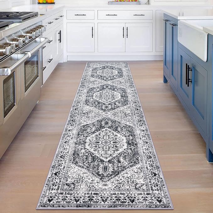 KOZYFLY Runners for Hallways 2x8 Ft Washable Kitchen Runner Rug Boho Runner Rug for Entryway Indoor Printed Faux Floor Carpet Runner for Bedroom Kitchen Hall, Grey