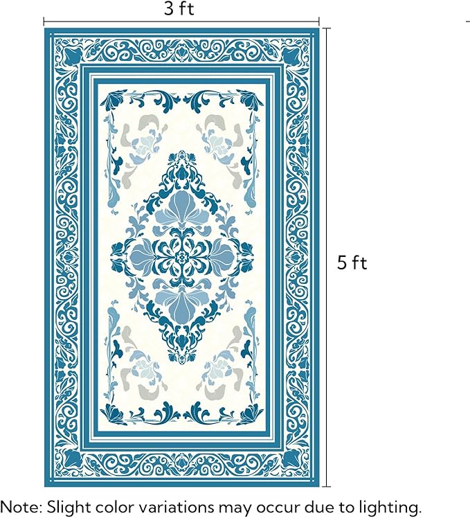 SOULFUL Medium Pile 3x5 Area Rug - Soft Foot Feel Small Entryway Rug - Blue Boho Floral - Washable Non-Slip - Perfect for Living Room Bedroom Foot Kids Room Reading Nook