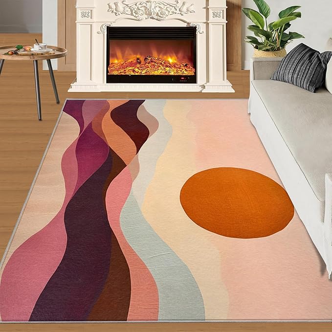 Boho Sun Area Rugs 6x8ft, Minimalist Line Living Room Area Rug, Geometric Solar Play Rug with Carpet Tape Double Sided for Bedroom Office Home Decor